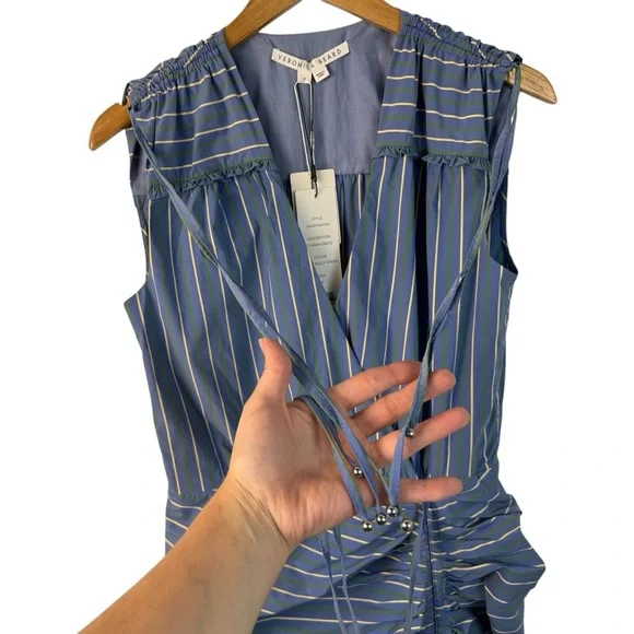 NWT Veronica Beard Teagan Stripe Ruched V-Neck Midi Dress Blue Size 6 Side Slit - Picture 12 of 16